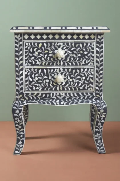 Black Bone Inlay Floral 2 Drawer Curved Leg Bedside, buy black bone inlay floral, luxury black bone inlay floral, handcrafted black bone inlay floral, handmade black bone inlay floral, black bone, legblack-bone-inlay-floral-2-drawer-curved-leg-bedside-bedside-table-black-furniture-bone-inlay-furniture-floral-design-floral-pattern-flower-motif-handmade-b-01.webp