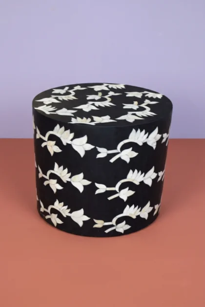 Black Bone Inlay Flower Stool, buy black bone inlay flower, luxury black bone inlay flower, handcrafted black bone inlay flower, handmade black bone inlay flower, black bone inlay flower online, blackblack-bone-inlay-flower-stool-accent-stool-black-furniture-bone-inlay-furniture-botanical-design-flower-pattern-handmade-bone-inlay-stool-01.webp