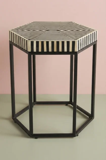 Black Bone Inlay Hexagonal Side Table Stripes, buy black bone inlay hexagonal, luxury black bone inlay hexagonal, handcrafted black bone inlay hexagonal, handmade black bone inlay hexagonal, blackblack-bone-inlay-hexagonal-side-table-stripes-black-furniture-bone-inlay-furniture-furniture-table-handmade-bone-inlay-01.webp