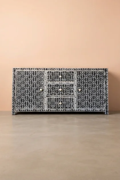Black Bone Inlay Tic Tac 3 Drawer 2 Door Sideboard, buy black bone inlay tic, luxury black bone inlay tic, handcrafted black bone inlay tic, handmade black bone inlay tic, black bone inlay tic onlineblack-bone-inlay-tic-tac-3-drawer-2-door-sideboard-black-furniture-bone-inlay-furniture-buffet-cabinet-handmade-bone-inlay-sideboard-01.webp
