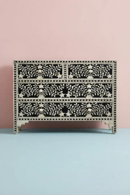 Black Floral Embossed Bone Chest Of 4 Drawers, buy black floral embossed bone, luxury black floral embossed bone, handcrafted black floral embossed bone, handmade black floral embossed bone, blackblack-floral-embossed-bone-chest-of-4-drawers-black-furniture-bone-inlay-furniture-chest-of-drawers-drawers-cabinet-floral-design-floral-pattern-flower-motif-handma-01.webp