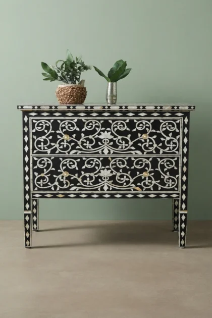 Black Mother Of Pearl Inlay Lotus 2 Drawer Chest, buy black mother pearl inlay, luxury black mother pearl inlay, handcrafted black mother pearl inlay, handmade black mother pearl inlay, black motherblack-mother-of-pearl-inlay-lotus-2-drawer-chest-black-furniture-chest-of-drawers-drawers-cabinet-lotus-design-lotus-pattern-mop-inlay-furniture-mother-of-pearl-01.webp