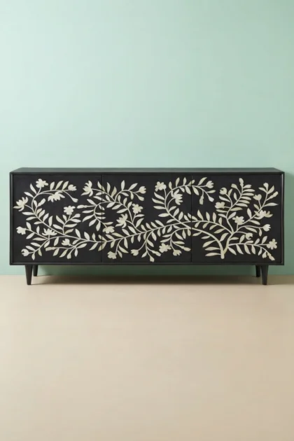 Bone Flower Media Console Black Finish Bone Inlay Entertainment Unit, buy bone flower media console, luxury bone flower media console, handcrafted bone flower media console, bone flower media giftbone-flower-media-console-black-finish-bone-inlay-entertainment-unit-black-furniture-bone-inlay-furniture-botanical-design-console-table-entr-01.webp