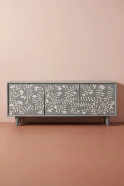Bone Flower Media Console Grey, buy bone flower media console, luxury bone flower media console, handcrafted bone flower media console, handmade bone flower media console, bone flower media gift, bonebone-flower-media-console-grey-bone-inlay-furniture-botanical-design-console-table-entryway-table-flower-pattern-grey-furniture-handmade-bone-inlay-01.webp
