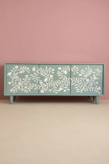 Bone Flower Media Console Sage Green Bone Inlay Entertainment Unit, buy bone flower media console, luxury bone flower media console, handcrafted bone flower media console, bone flower media gift, bonebone-flower-media-console-sage-green-bone-inlay-entertainment-unit-bone-inlay-furniture-botanical-design-console-table-entryway-table-flower-pa-01.webp