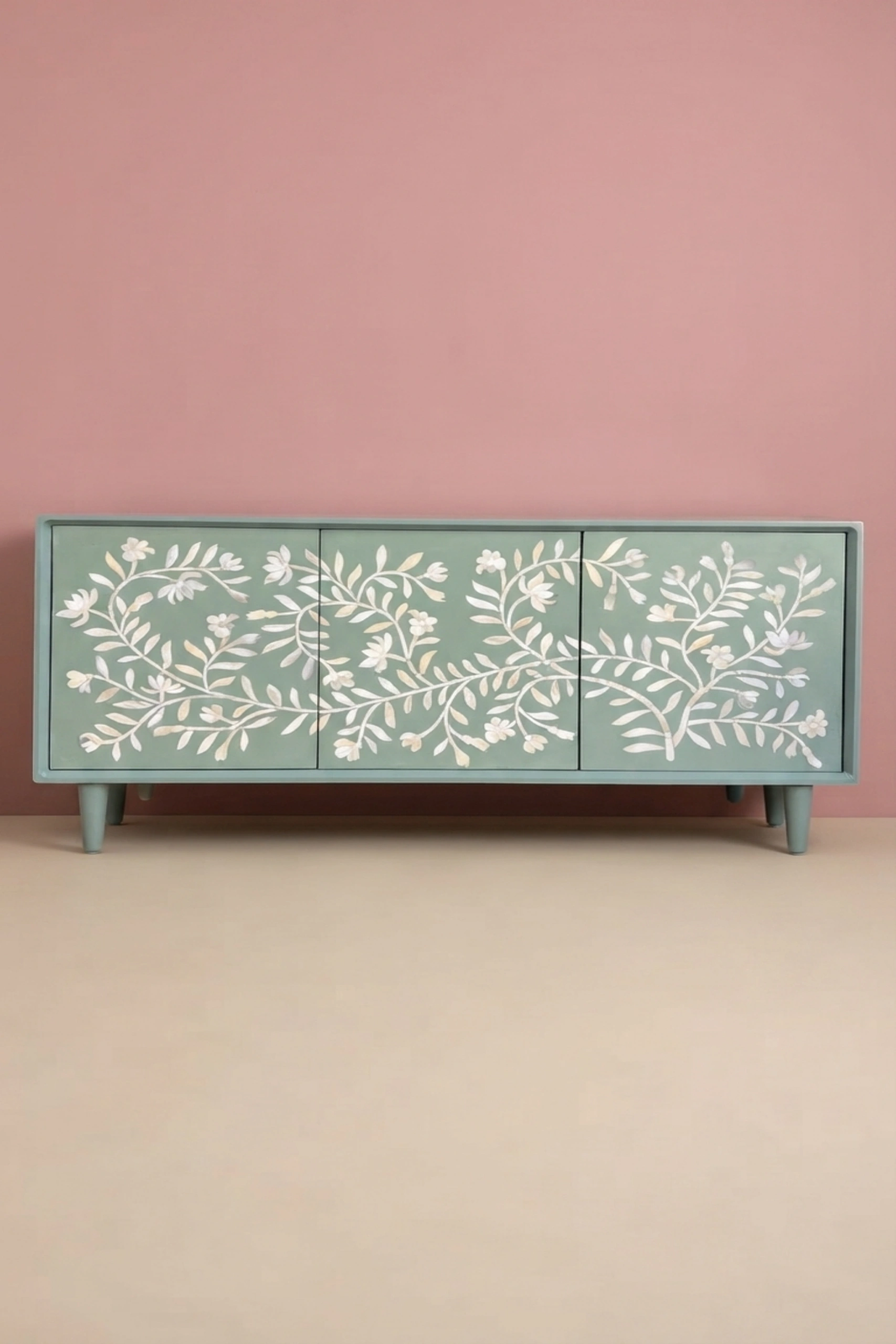 Bone Flower Media Console Sage Green Bone Inlay Entertainment Unit, buy bone flower media console, luxury bone flower media console, handcrafted bone flower media console, bone flower media gift, bonebone-flower-media-console-sage-green-bone-inlay-entertainment-unit-bone-inlay-furniture-botanical-design-console-table-entryway-table-flower-pa-01.webp