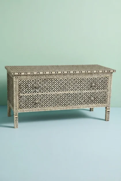 Bone Inlay 2 Drawer Geometric Sideboard Black, buy bone inlay drawer geometric, luxury bone inlay drawer geometric, handcrafted bone inlay drawer geometric, handmade bone inlay drawer geometric, bonebone-inlay-2-drawer-geometric-sideboard-black-black-furniture-bone-inlay-furniture-buffet-cabinet-geometric-design-geometric-pattern-handmade-bone-inlay-sideboard-01.webp