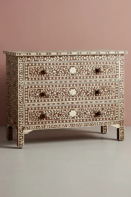 Bone Inlay 3 Drawer Chest Floral Design Brown, buy bone inlay drawer chest, luxury bone inlay drawer chest, handcrafted bone inlay drawer chest, handmade bone inlay drawer chest, bone inlay, bonebone-inlay-3-drawer-chest-floral-design-brown-bone-inlay-furniture-brown-furniture-chest-of-drawers-drawers-cabinet-floral-design-floral-pattern-flower-motif-handma-01.webp