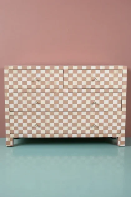 Bone Inlay 4 Drawer Checkerboard Dresser Almond Entryway Chest Of Drawers, buy bone inlay drawer checkerboard, luxury bone inlay drawer checkerboard, handcrafted bone inlay drawer checkerboard, bonebone-inlay-4-drawer-checkerboard-dresser-almond-entryway-chest-of-drawers-bedroom-storage-bone-inlay-furniture-chest-of-drawers-drawers-01.webp