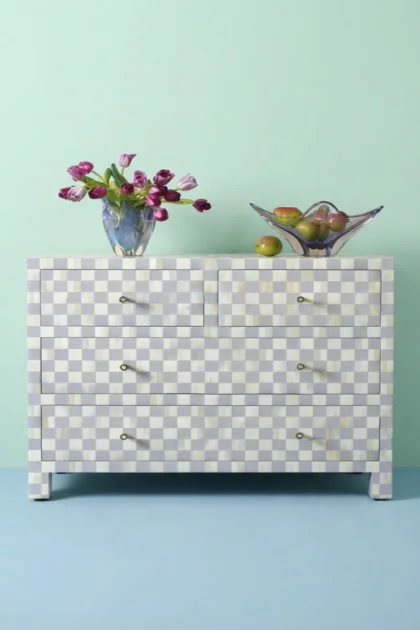 Bone Inlay 4 Drawer Checkerboard Dresser Lilac, buy bone inlay drawer checkerboard, luxury bone inlay drawer checkerboard, handcrafted bone inlay drawer checkerboard, bone inlay drawer gift, bonebone-inlay-4-drawer-checkerboard-dresser-lilac-bedroom-storage-bone-inlay-furniture-dresser-handmade-bone-inlay-01.webp