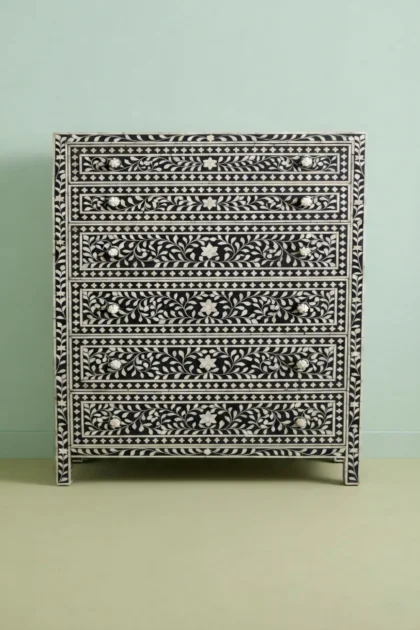 Bone Inlay 6 Drawer Chest Floral Design Black, buy bone inlay drawer chest, luxury bone inlay drawer chest, handcrafted bone inlay drawer chest, handmade bone inlay drawer chest, bone inlay, bonebone-inlay-6-drawer-chest-floral-design-black-black-furniture-bone-inlay-furniture-chest-of-drawers-drawers-cabinet-floral-design-floral-pattern-flower-motif-handma-01.webp