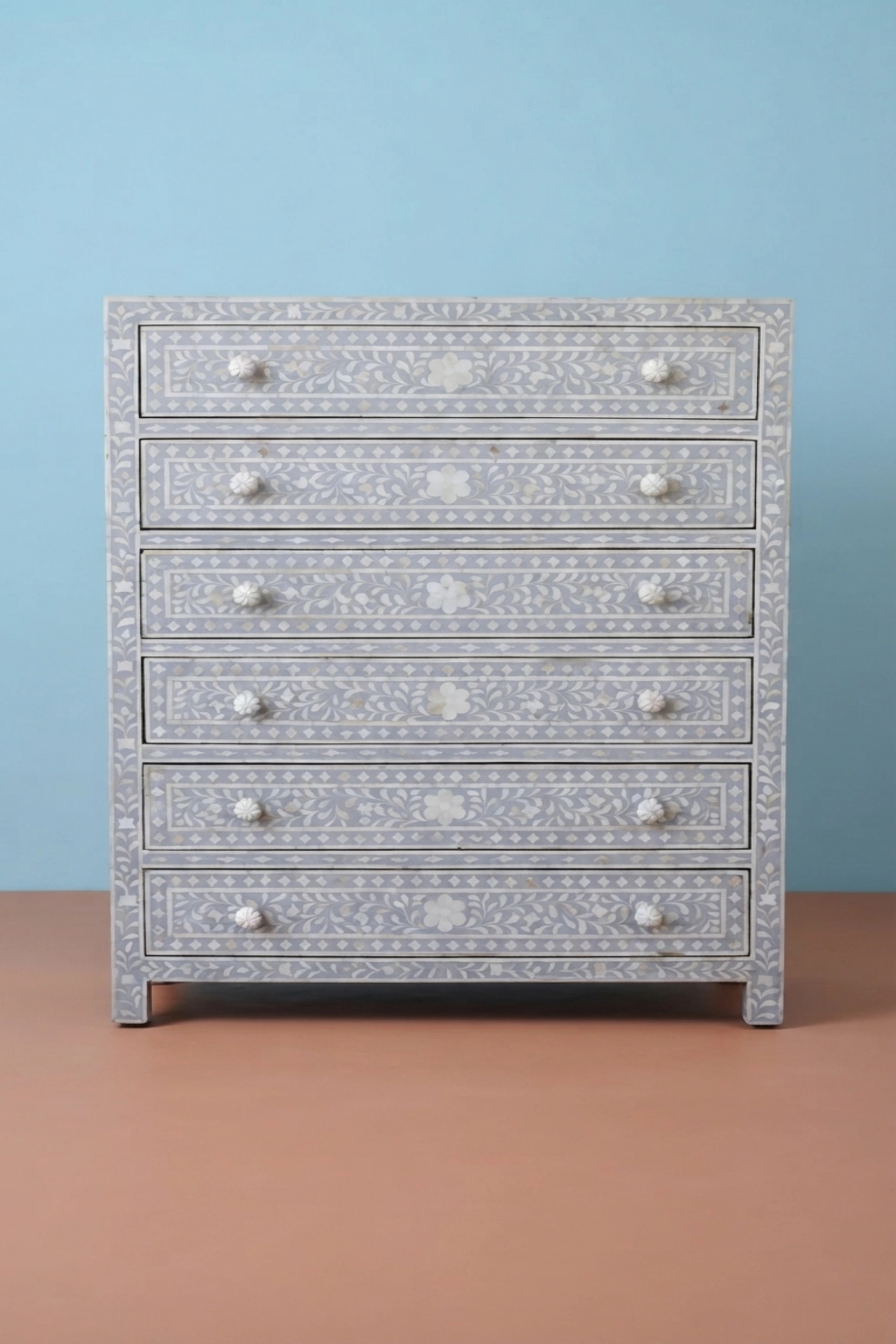 Bone Inlay 6 Drawer Chest Floral Design Dove Grey, buy bone inlay drawer chest, luxury bone inlay drawer chest, handcrafted bone inlay drawer chest, handmade bone inlay drawer chest, bone inlay, bonebone-inlay-6-drawer-chest-floral-design-dove-grey-bone-inlay-furniture-chest-of-drawers-drawers-cabinet-floral-design-floral-pattern-flower-motif-grey-furniture-01.webp