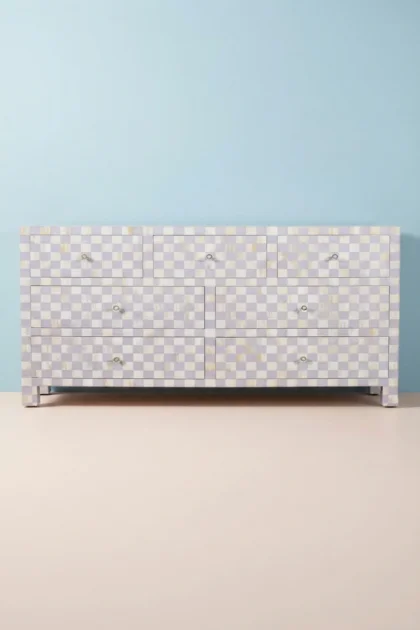 Bone Inlay 7 Drawer Checkerboard Dresser Lilac, buy bone inlay drawer checkerboard, luxury bone inlay drawer checkerboard, handcrafted bone inlay drawer checkerboard, bone inlay drawer gift, bonebone-inlay-7-drawer-checkerboard-dresser-lilac-bedroom-storage-bone-inlay-furniture-dresser-handmade-bone-inlay-01.webp