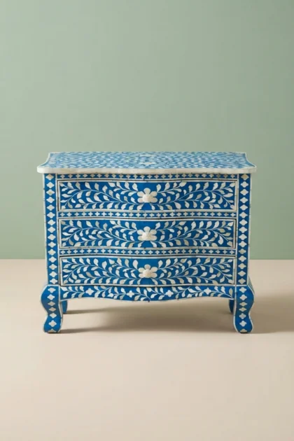 Bone Inlay Accent Chest Three Drawer Curved Leg Blue, buy bone inlay accent chest, luxury bone inlay accent chest, handcrafted bone inlay accent chest, handmade bone inlay accent chest, bone inlaybone-inlay-accent-chest-three-drawer-curved-leg-blue-blue-furniture-bone-inlay-furniture-chest-of-drawers-drawers-cabinet-handmade-bone-inlay-storage-furnitu-01.webp