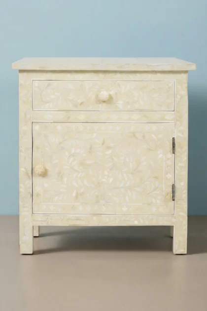 Bone Inlay Bedside Floral 1 Drawer 1 Door Biege, buy bone inlay bedside floral, luxury bone inlay bedside floral, handcrafted bone inlay bedside floral, handmade bone inlay bedside floral, bone inlaybone-inlay-bedside-floral-1-drawer-1-door-biege-bedside-table-bone-inlay-furniture-floral-design-floral-pattern-flower-motif-handmade-bone-inlay-nightstand-01.webp