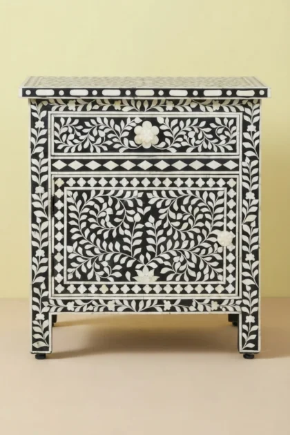 Bone Inlay Bedside Floral 1 Drawer 1 Door Black, buy bone inlay bedside floral, luxury bone inlay bedside floral, handcrafted bone inlay bedside floral, handmade bone inlay bedside floral, bone inlaybone-inlay-bedside-floral-1-drawer-1-door-black-bedside-table-black-furniture-bone-inlay-furniture-floral-design-floral-pattern-flower-motif-handmade-bone-inla-01.webp