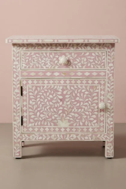 Bone Inlay Bedside Floral 1 Drawer 1 Door Blush Pink, buy bone inlay bedside floral, luxury bone inlay bedside floral, handcrafted bone inlay bedside floral, handmade bone inlay bedside floral, bonebone-inlay-bedside-floral-1-drawer-1-door-blush-pink-bedside-table-bone-inlay-furniture-floral-design-floral-pattern-flower-motif-handmade-bone-inlay-nigh-01.webp