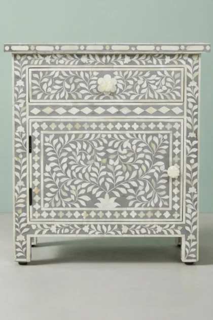 Bone Inlay Bedside Floral 1 Drawer 1 Door Grey, buy bone inlay bedside floral, luxury bone inlay bedside floral, handcrafted bone inlay bedside floral, handmade bone inlay bedside floral, bone inlaybone-inlay-bedside-floral-1-drawer-1-door-grey-bedside-table-bone-inlay-furniture-floral-design-floral-pattern-flower-motif-grey-furniture-handmade-bone-inlay-n-01.webp