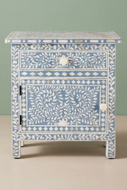 Bone Inlay Bedside Floral 1 Drawer 1 Door Light Blue, buy bone inlay bedside floral, luxury bone inlay bedside floral, handcrafted bone inlay bedside floral, handmade bone inlay bedside floral, bonebone-inlay-bedside-floral-1-drawer-1-door-light-blue-bedside-table-blue-furniture-bone-inlay-furniture-floral-design-floral-pattern-flower-motif-handmade-01.webp