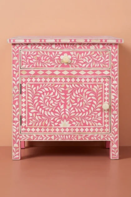 Bone Inlay Bedside Floral 1 Drawer 1 Door Pink, buy bone inlay bedside floral, luxury bone inlay bedside floral, handcrafted bone inlay bedside floral, handmade bone inlay bedside floral, bone inlaybone-inlay-bedside-floral-1-drawer-1-door-pink-bedside-table-bone-inlay-furniture-floral-design-floral-pattern-flower-motif-handmade-bone-inlay-nightstand-pink-01.webp