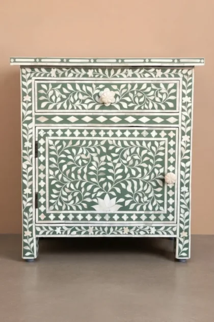 Bone Inlay Bedside Floral 1 Drawer 1 Door Sage Green, buy bone inlay bedside floral, luxury bone inlay bedside floral, handcrafted bone inlay bedside floral, handmade bone inlay bedside floral, bonebone-inlay-bedside-floral-1-drawer-1-door-sage-green-bedside-table-bone-inlay-furniture-floral-design-floral-pattern-flower-motif-green-furniture-handmade-01.webp