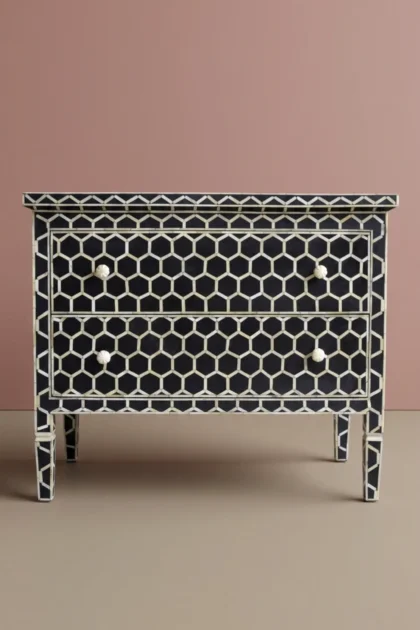Bone Inlay Chest of 2 Drawer Honeycomb Black, buy bone inlay chest drawer, luxury bone inlay chest drawer, handcrafted bone inlay chest drawer, handmade bone inlay chest drawer, bone inlay chest giftbone-inlay-chest-of-2-drawer-honeycomb-black-black-furniture-bone-inlay-furniture-chest-of-drawers-drawers-cabinet-handmade-bone-inlay-storage-furniture-01.webp