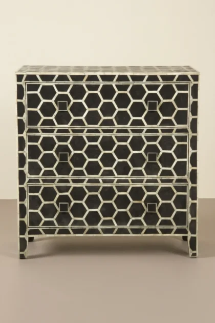 Bone Inlay Chest of 3 Drawer Honeycomb Black, buy bone inlay chest drawer, luxury bone inlay chest drawer, handcrafted bone inlay chest drawer, handmade bone inlay chest drawer, bone inlay chest giftbone-inlay-chest-of-3-drawer-honeycomb-black-black-furniture-bone-inlay-furniture-chest-of-drawers-drawers-cabinet-handmade-bone-inlay-storage-furniture-01.webp