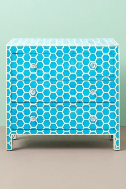 Bone Inlay Chest of 3 Drawer Honeycomb Blue, buy bone inlay chest drawer, luxury bone inlay chest drawer, handcrafted bone inlay chest drawer, handmade bone inlay chest drawer, bone inlay chest giftbone-inlay-chest-of-3-drawer-honeycomb-blue-blue-furniture-bone-inlay-furniture-chest-of-drawers-drawers-cabinet-handmade-bone-inlay-storage-furniture-01.webp