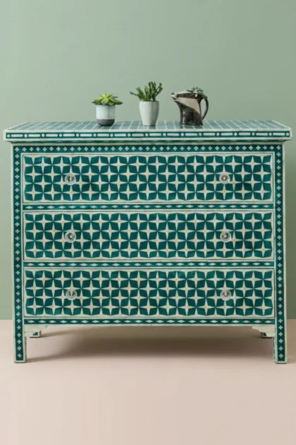 Bone Inlay Chest of 3 Drawers Star Design Green, buy bone inlay chest drawers, luxury bone inlay chest drawers, handcrafted bone inlay chest drawers, handmade bone inlay chest drawers, bone inlaybone-inlay-chest-of-3-drawers-star-design-green-bone-inlay-furniture-chest-of-drawers-drawers-cabinet-green-furniture-handmade-bone-inlay-star-pattern-storage-fur-01.webp