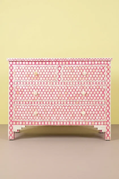 Bone Inlay Chest of Drawers Inverse Hexagon Pink, buy bone inlay chest drawers, luxury bone inlay chest drawers, handcrafted bone inlay chest drawers, handmade bone inlay chest drawers, bone inlaybone-inlay-chest-of-drawers-inverse-hexagon-pink-bone-inlay-furniture-chest-of-drawers-drawers-cabinet-handmade-bone-inlay-hexagon-pattern-pink-furniture-storage-01.webp