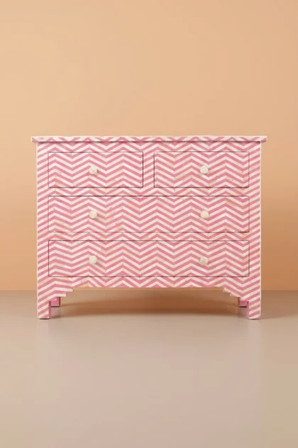 Bone Inlay Chest of Four Drawer Chevron Design Pink, buy bone inlay chest four, luxury bone inlay chest four, handcrafted bone inlay chest four, handmade bone inlay chest four, bone inlay chest giftbone-inlay-chest-of-four-drawer-chevron-design-pink-bone-inlay-furniture-chest-of-drawers-chevron-pattern-drawers-cabinet-handmade-bone-inlay-pink-furniture-s-01.webp