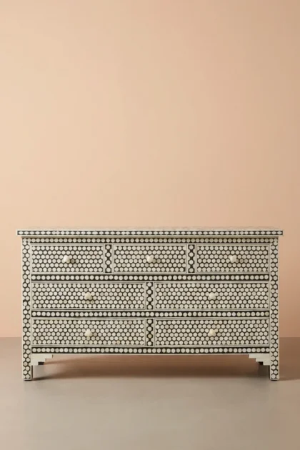 Bone Inlay Commode 7 Drawers Inverse Hexagon Black, buy bone inlay commode drawers, luxury bone inlay commode drawers, handcrafted bone inlay commode drawers, handmade bone inlay commode drawers, bonebone-inlay-commode-7-drawers-inverse-hexagon-black-black-furniture-bone-inlay-furniture-handmade-bone-inlay-hexagon-pattern-01.webp