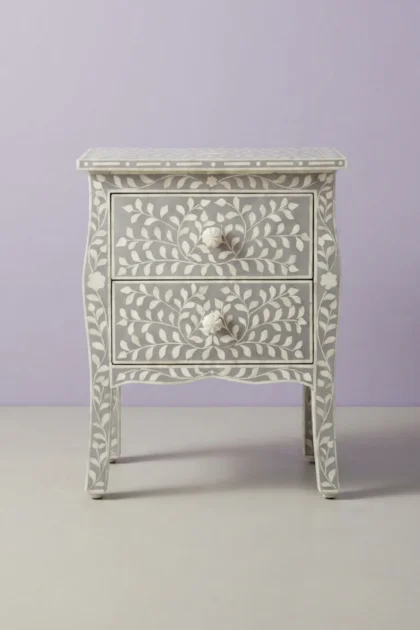 Bone Inlay Curved 2 Drawer Bedside Floral Design Grey, buy bone inlay curved drawer, luxury bone inlay curved drawer, handcrafted bone inlay curved drawer, handmade bone inlay curved drawer, bonebone-inlay-curved-2-drawer-bedside-floral-design-grey-bedside-table-bone-inlay-furniture-floral-design-floral-pattern-flower-motif-grey-furniture-handmad-01.webp