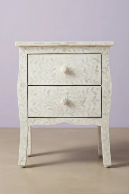 Bone Inlay Curved 2 Drawer Bedside Floral Design White, buy bone inlay curved drawer, luxury bone inlay curved drawer, handcrafted bone inlay curved drawer, handmade bone inlay curved drawer, bonebone-inlay-curved-2-drawer-bedside-floral-design-white-bedside-table-bone-inlay-furniture-floral-design-floral-pattern-flower-motif-handmade-bone-inlay-01.webp