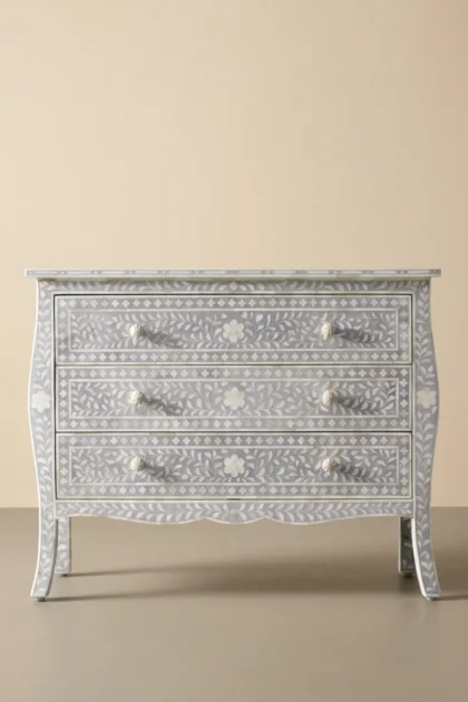 Bone Inlay Curved 3 Drawer Floral Dresser Grey, buy bone inlay curved drawer, luxury bone inlay curved drawer, handcrafted bone inlay curved drawer, handmade bone inlay curved drawer, bone inlay, bonebone-inlay-curved-3-drawer-floral-dresser-grey-bedroom-storage-bone-inlay-furniture-dresser-floral-design-floral-pattern-flower-motif-grey-furniture-handmade-bone-01.webp