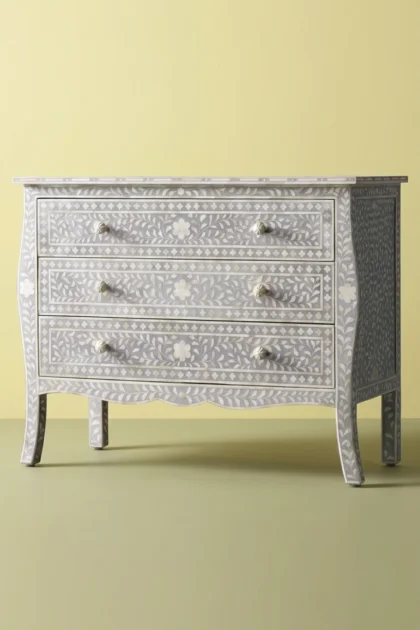 Bone Inlay Curved 3 Drawer Floral Dresser Grey with Topper, buy bone inlay curved drawer, luxury bone inlay curved drawer, handcrafted bone inlay curved drawer, handmade bone inlay curved drawer, bonebone-inlay-curved-3-drawer-floral-dresser-grey-with-topper-bedroom-storage-bone-inlay-furniture-dresser-floral-design-floral-pattern-flower-motif-grey-01.webp