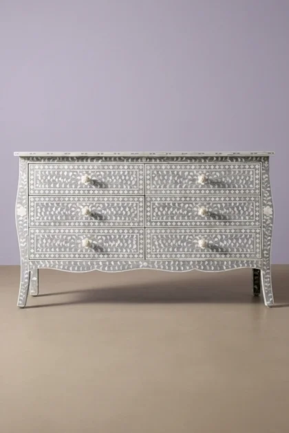 Bone Inlay Curved 6 Drawer Floral Dresser Grey, buy bone inlay curved drawer, luxury bone inlay curved drawer, handcrafted bone inlay curved drawer, handmade bone inlay curved drawer, bone inlay, bonebone-inlay-curved-6-drawer-floral-dresser-grey-bedroom-storage-bone-inlay-furniture-dresser-floral-design-floral-pattern-flower-motif-grey-furniture-handmade-bone-01.webp