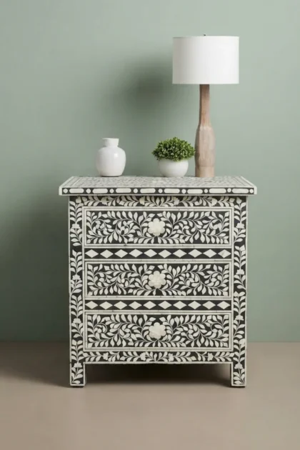 Bone Inlay Floral 3 Drawer Bedside Black, buy bone inlay floral drawer, luxury bone inlay floral drawer, handcrafted bone inlay floral drawer, handmade bone inlay floral drawer, bone inlay floral giftbone-inlay-floral-3-drawer-bedside-black-bedside-table-black-furniture-bone-inlay-furniture-floral-design-floral-pattern-flower-motif-handmade-bone-inlay-nightstand-01.webp