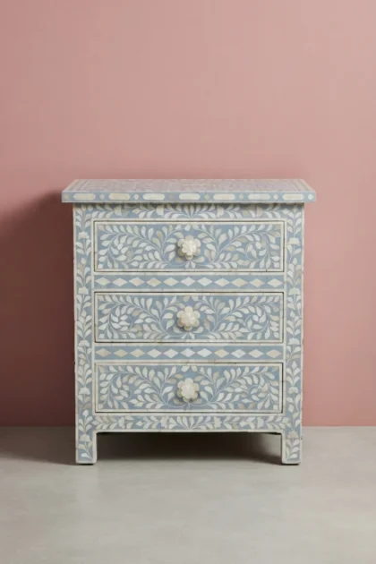 Bone Inlay Floral 3 Drawer Bedside Light Blue, buy bone inlay floral drawer, luxury bone inlay floral drawer, handcrafted bone inlay floral drawer, handmade bone inlay floral drawer, bone inlay, bonebone-inlay-floral-3-drawer-bedside-light-blue-bedside-table-blue-furniture-bone-inlay-furniture-floral-design-floral-pattern-flower-motif-handmade-bone-inlay-nig-01.webp