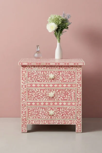 Bone Inlay Floral 3 Drawer Bedside Pink, buy bone inlay floral drawer, luxury bone inlay floral drawer, handcrafted bone inlay floral drawer, handmade bone inlay floral drawer, bone inlay floral giftbone-inlay-floral-3-drawer-bedside-pink-bedside-table-bone-inlay-furniture-floral-design-floral-pattern-flower-motif-handmade-bone-inlay-nightstand-pink-furniture-01.webp