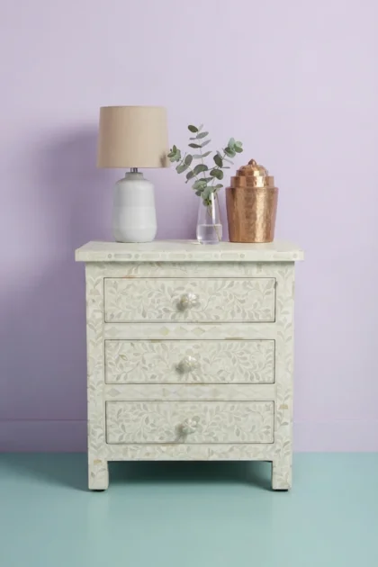 Bone Inlay Floral 3 Drawer Bedside White, buy bone inlay floral drawer, luxury bone inlay floral drawer, handcrafted bone inlay floral drawer, handmade bone inlay floral drawer, bone inlay floral giftbone-inlay-floral-3-drawer-bedside-white-bedside-table-bone-inlay-furniture-floral-design-floral-pattern-flower-motif-handmade-bone-inlay-nightstand-white-furniture-01.webp