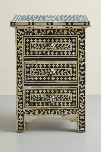 Bone Inlay Floral 3 Drawers Bedside Black Luxury Bedside Table, buy bone inlay floral drawers, luxury bone inlay floral drawers, handcrafted bone inlay floral drawers, bone inlay floral drawers onlinebone-inlay-floral-3-drawers-bedside-black-luxury-bedside-table-bedside-table-black-furniture-bone-inlay-furniture-floral-design-floral-pattern-f-01.webp