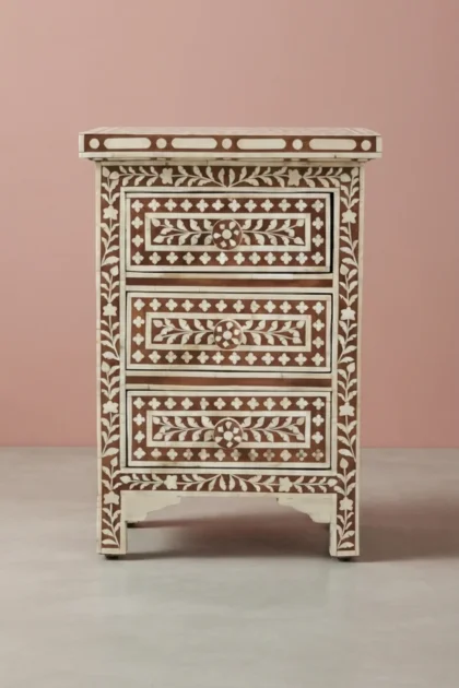 Bone Inlay Floral 3 Drawers Bedside Brown Table, buy bone inlay floral drawers, luxury bone inlay floral drawers, handcrafted bone inlay floral drawers, handmade bone inlay floral drawers, bone inlaybone-inlay-floral-3-drawers-bedside-brown-table-bedside-table-bone-inlay-furniture-brown-furniture-floral-design-floral-pattern-flower-motif-furniture-table-ha-01.webp