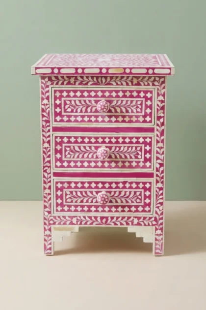 Bone Inlay Floral 3 Drawers Bedside Pink Table, buy bone inlay floral drawers, luxury bone inlay floral drawers, handcrafted bone inlay floral drawers, handmade bone inlay floral drawers, bone inlaybone-inlay-floral-3-drawers-bedside-pink-table-bedside-table-bone-inlay-furniture-floral-design-floral-pattern-flower-motif-furniture-table-handmade-bone-inlay-01.webp
