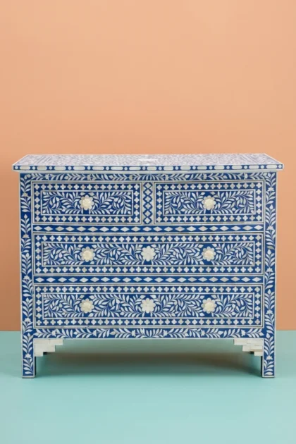 Bone Inlay Floral Chest Of 4 Drawer Blue, buy bone inlay floral chest, luxury bone inlay floral chest, handcrafted bone inlay floral chest, handmade bone inlay floral chest, bone inlay floral giftbone-inlay-floral-chest-of-4-drawer-blue-blue-furniture-bone-inlay-furniture-chest-of-drawers-drawers-cabinet-floral-design-floral-pattern-flower-motif-handmade-bone-inl-01.webp