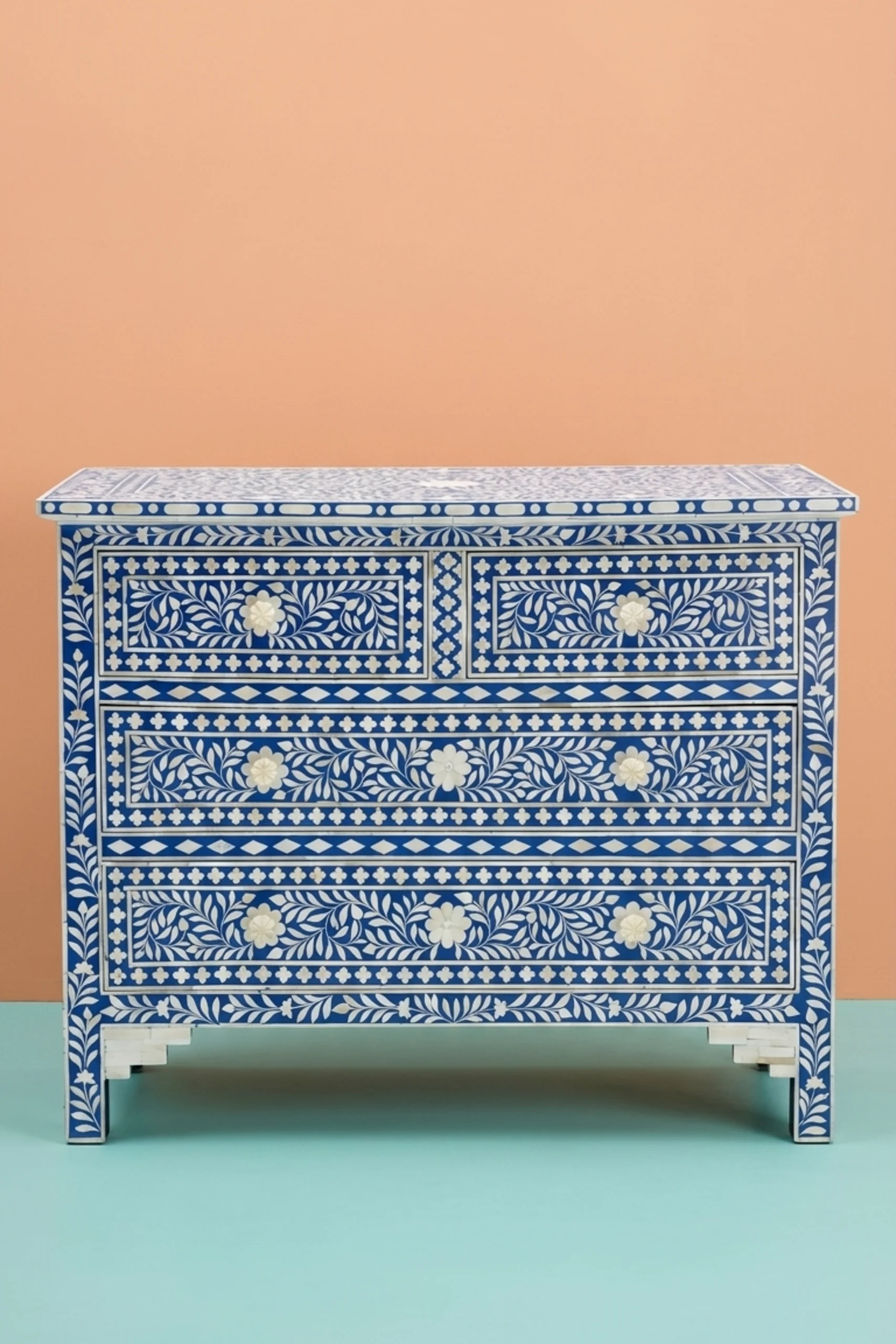 Bone Inlay Floral Chest Of 4 Drawer Blue, buy bone inlay floral chest, luxury bone inlay floral chest, handcrafted bone inlay floral chest, handmade bone inlay floral chest, bone inlay floral giftbone-inlay-floral-chest-of-4-drawer-blue-blue-furniture-bone-inlay-furniture-chest-of-drawers-drawers-cabinet-floral-design-floral-pattern-flower-motif-handmade-bone-inl-01.webp