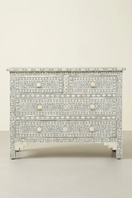 Bone Inlay Floral Chest Of 4 Drawer Grey, buy bone inlay floral chest, luxury bone inlay floral chest, handcrafted bone inlay floral chest, handmade bone inlay floral chest, bone inlay floral giftbone-inlay-floral-chest-of-4-drawer-grey-bone-inlay-furniture-chest-of-drawers-drawers-cabinet-floral-design-floral-pattern-flower-motif-grey-furniture-handmade-bone-inl-01.webp