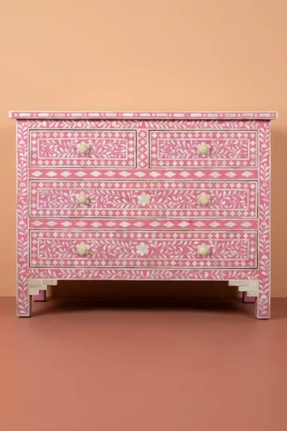 Bone Inlay Floral Chest Of 4 Drawer Pink, buy bone inlay floral chest, luxury bone inlay floral chest, handcrafted bone inlay floral chest, handmade bone inlay floral chest, bone inlay floral giftbone-inlay-floral-chest-of-4-drawer-pink-bone-inlay-furniture-chest-of-drawers-drawers-cabinet-floral-design-floral-pattern-flower-motif-handmade-bone-inlay-pink-furnitu-01.webp