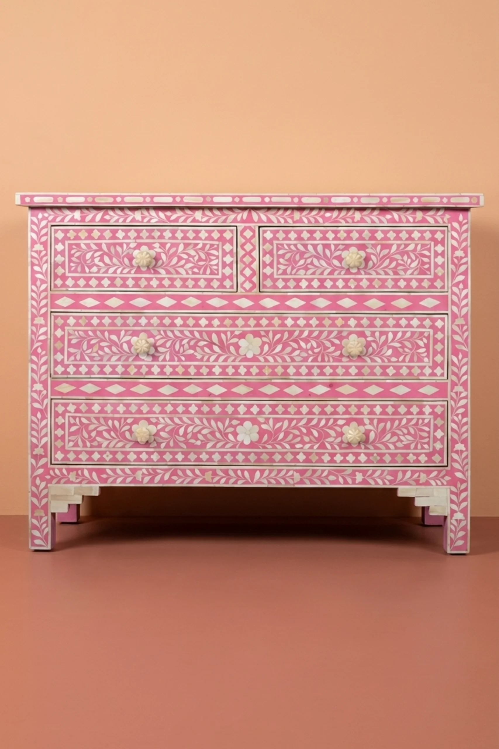 Bone Inlay Floral Chest Of 4 Drawer Pink, buy bone inlay floral chest, luxury bone inlay floral chest, handcrafted bone inlay floral chest, handmade bone inlay floral chest, bone inlay floral giftbone-inlay-floral-chest-of-4-drawer-pink-bone-inlay-furniture-chest-of-drawers-drawers-cabinet-floral-design-floral-pattern-flower-motif-handmade-bone-inlay-pink-furnitu-01.webp