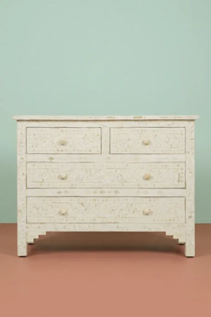 Bone Inlay Floral Chest Of 4 Drawer White, buy bone inlay floral chest, luxury bone inlay floral chest, handcrafted bone inlay floral chest, handmade bone inlay floral chest, bone inlay floral giftbone-inlay-floral-chest-of-4-drawer-white-bone-inlay-furniture-chest-of-drawers-drawers-cabinet-floral-design-floral-pattern-flower-motif-handmade-bone-inlay-storage-fu-01.webp